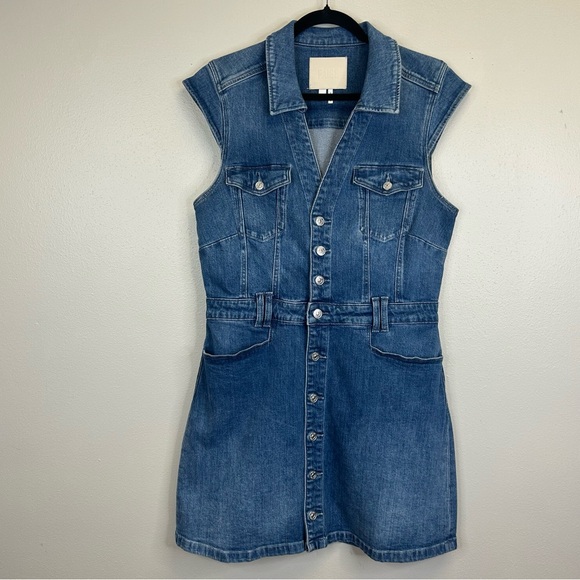 PAIGE Jaxson Blue Denim Mini Dress Womens 10 Vneck Cotton Pockets Classic - Picture 3 of 12